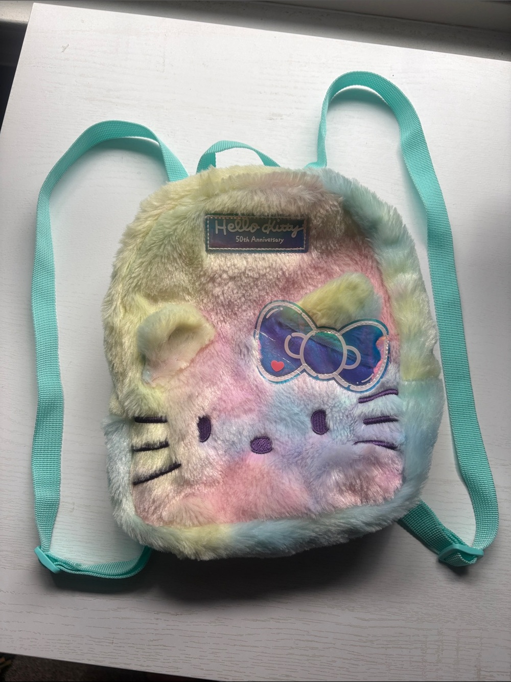 Hello Kitty Pastel Rainbow Plush Kids Backpack with Teal Straps